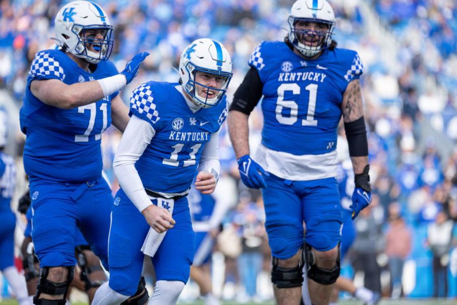 Kentucky quarterback Beau Allen (11) celebrates after rushing for a three-yard touchdown during the Kentucky vs. New Mexico State football game on Saturday, Nov. 20, 2021, at Kroger Field in Lexington, Kentucky. UK won 56-16. Photo by Jack Weaver | Staff
