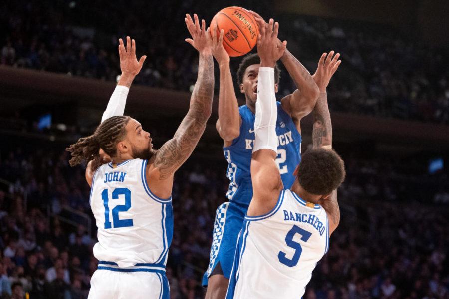 Kentucky Wildcats forward Keion Brooks Jr. (12) drives for a layup during the UK vs. Duke men’s basketball game as part of the State Farm Champions Classic on Tuesday, Nov. 9, 2021, at Madison Square Garden in New York City, New York. Duke won 79-71. Photo by Jack Weaver | Staff