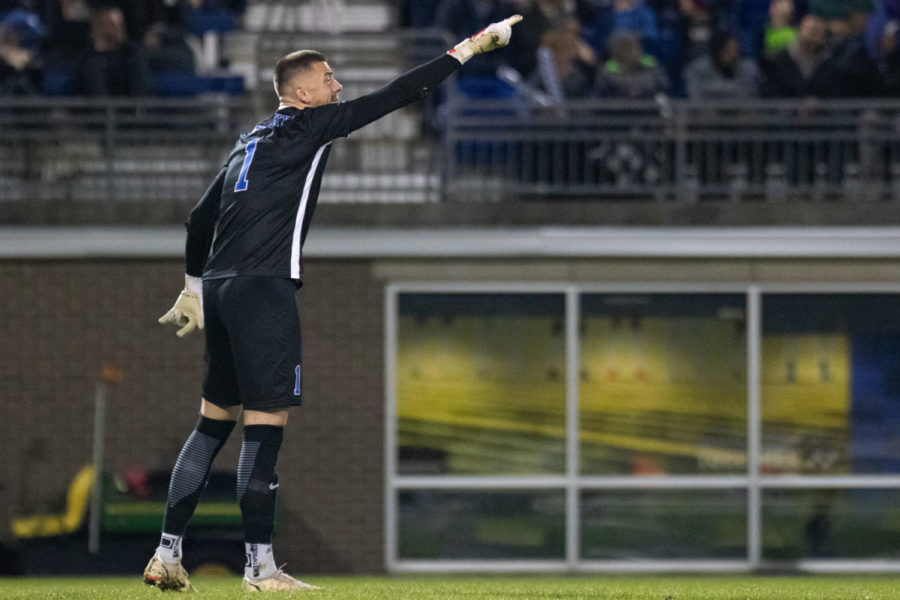 Kentucky Wildcats goalkeeper Jan Hoffelner (1) calls out to his teammates during the University of Kentucky vs. Florida Atlantic men’s soccer match on Friday, Nov. 5, 2021, at Wendell &amp; Vickie Bell Soccer Complex in Lexington, Kentucky. UK won 3-0. Photo by Amanda Braman | Staff