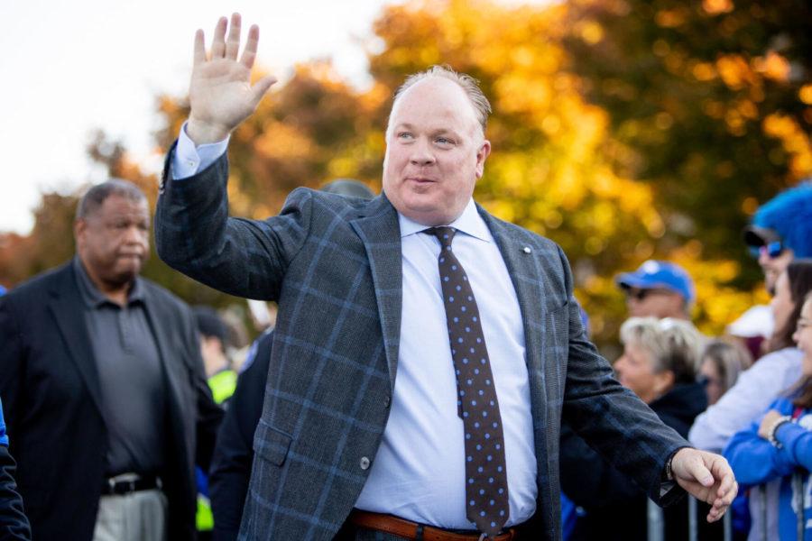 Kentucky head coach Mark Stoops waves to fans during the Cat Walk before the UK vs. Tennessee football game on Saturday, Nov. 6, 2021, at Kroger Field in Lexington, Kentucky. Tennessee won 45-42. Photo by Jack Weaver | Staff