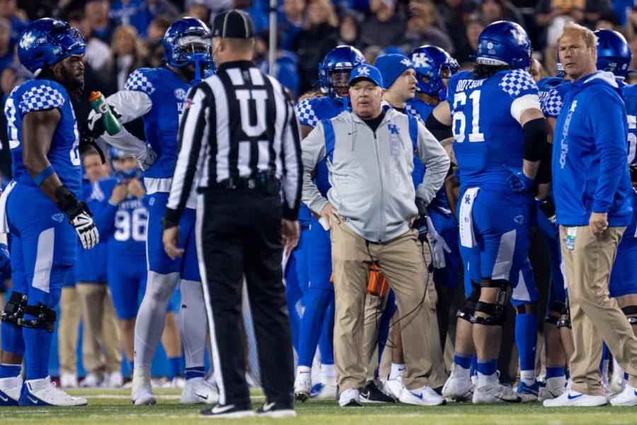 Kentucky head coach Mark Stoops stares down a referee after receiving an unsportsmanlike conduct call during the UK vs. Tennessee football game on Saturday, Nov. 6, 2021, at Kroger Field in Lexington, Kentucky. Tennessee won 45-42. Photo by Jack Weaver | Staff