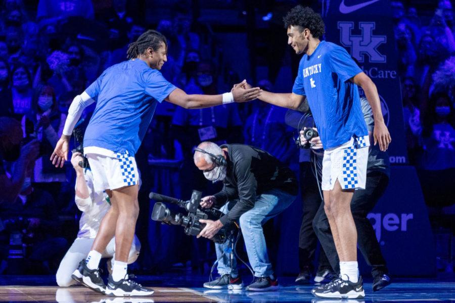 Kentucky+Wildcats+guard+TyTy+Washington+Jr.+%283%29+and+forward+Jacob+Toppin+%280%29+shake+hands+before+the+UK+vs.+Miles+College+exhibition+basketball+game+on+Friday%2C+Nov.+5%2C+2021%2C+at+Rupp+Arena+in+Lexington%2C+Kentucky.+UK+won+80-71.+Photo+by+Jack+Weaver+%7C+Staff