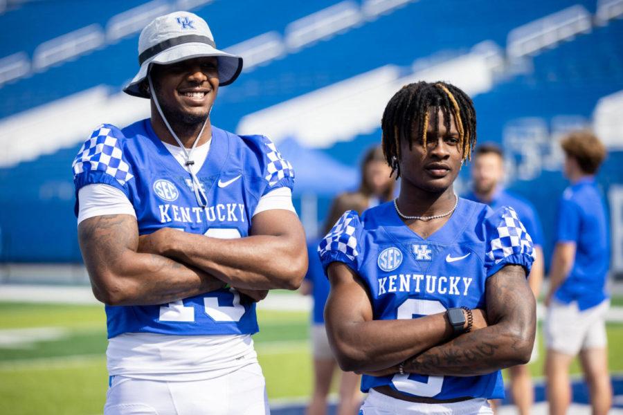 J.J. Weaver and Dekel Crowdus (left to right) pose for a photo together during the UK football media day on Friday, Aug. 6, 2021, at Kroger Field in Lexington, Kentucky. Photo by Michael Clubb | Staff