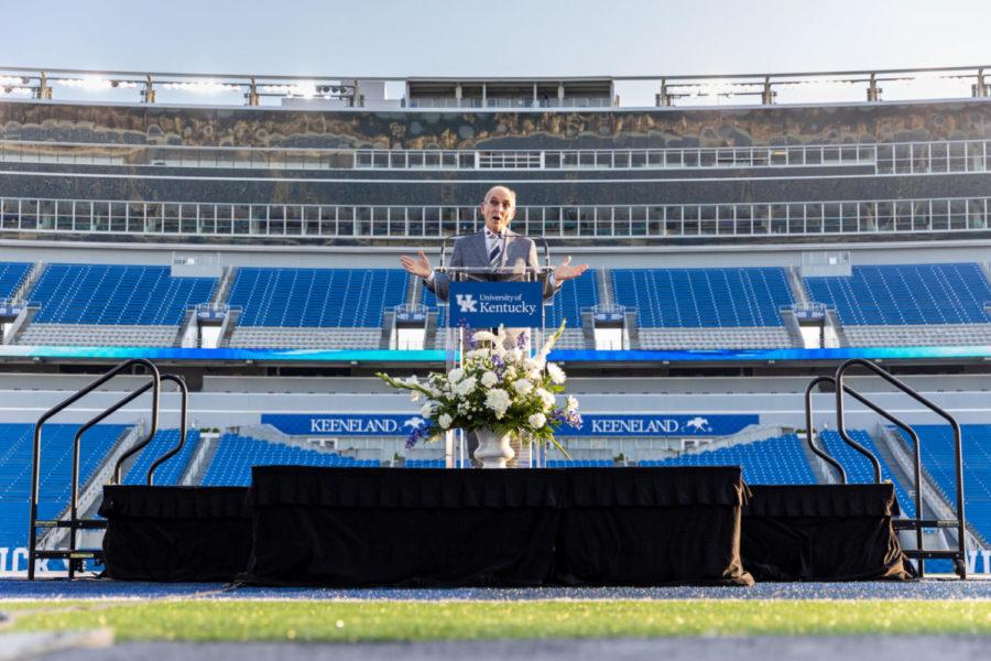 UK president Eli Capilouto speaks to new students during the Wildcat Welcome Ceremony on Friday, Aug. 20, 2021, at Kroger Field in Lexington, Kentucky. Photo by Jack Weaver | Staff