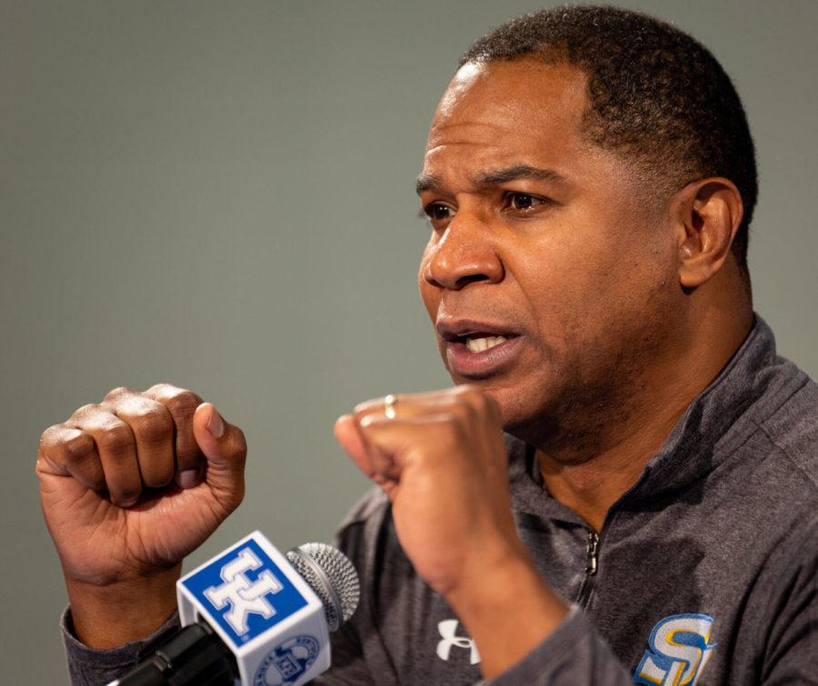Southern University Jaguars head coach Sean Woods talks to reporters after the UK vs. Southern basketball game on Tuesday, Dec. 7, 2021, at Rupp Arena in Lexington, Kentucky. UK won 76-64. Photo by Jack Weaver | Staff