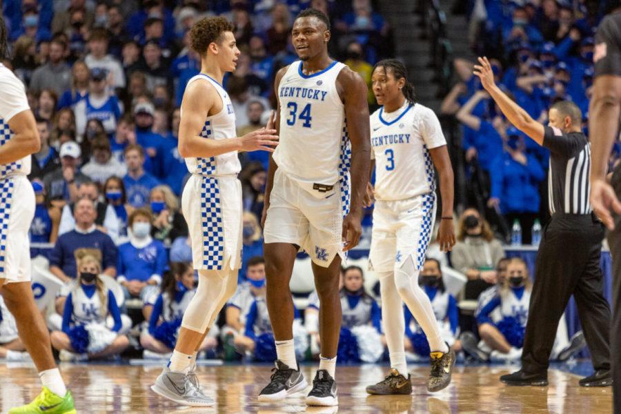 Kentucky+Wildcats+forward+Oscar+Tshiebwe+%2834%29+celebrates+during+the+UK+vs.+Southern+basketball+game+on+Tuesday%2C+Dec.+7%2C+2021%2C+at+Rupp+Arena+in+Lexington%2C+Kentucky.+UK+won+76-64.+Photo+by+Jack+Weaver+%7C+Staff
