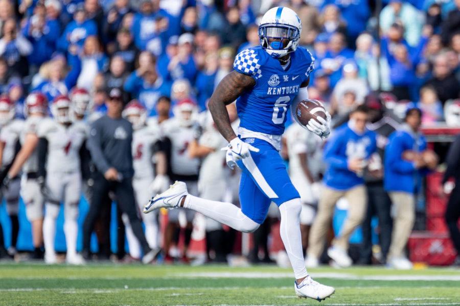 Kentucky wide receiver Josh Ali (6) runs for a 62-yard touchdown during the Kentucky vs. New Mexico State football game on Saturday, Nov. 20, 2021, at Kroger Field in Lexington, Kentucky. UK won 56-16. Photo by Jack Weaver | Staff
