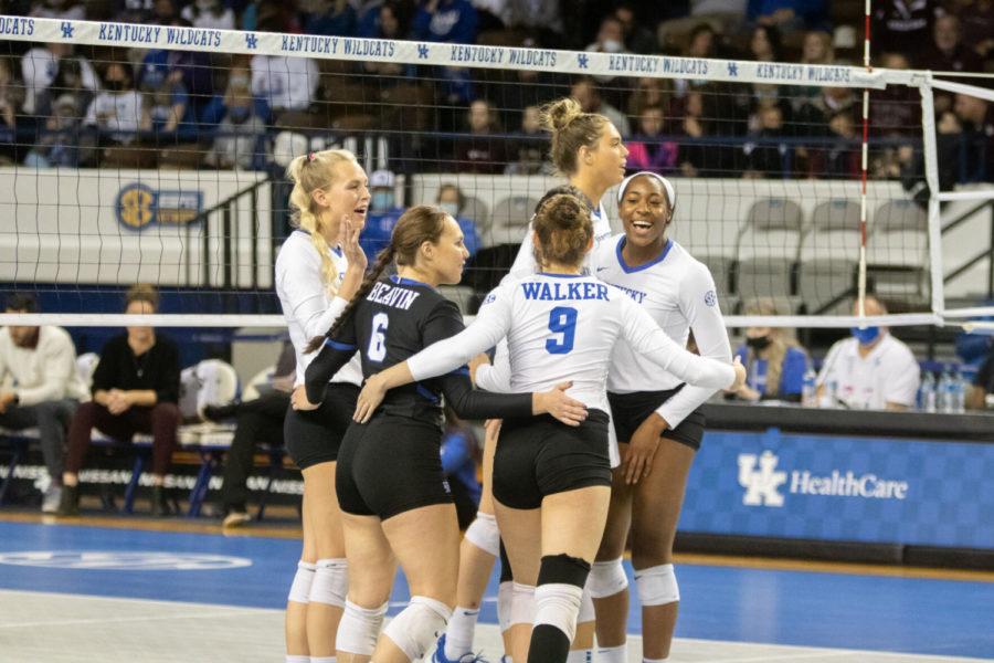 The+wildcats+celebrate+after+a+point+during+the+UK+vs.+Texas+A%26amp%3BM+volleyball+game+on+Saturday%2C+Nov.+13%2C+2021%2C+at+Memorial+Coliseum+in+Lexington%2C+Kentucky.+UK+won+3-0.+Photo+by+Amanda+Braman+%7C+Staff