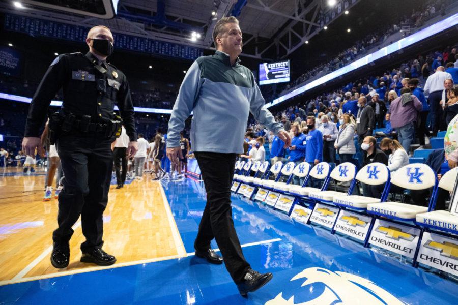 Kentucky Wildcats head coach John Calipari walks off the court after the UK vs. Mount St. Mary’s basketball game on Tuesday, Nov. 16, 2021, at Rupp Arena in Lexington, Kentucky. UK won 80-55. Photo by Michael Clubb | Staff