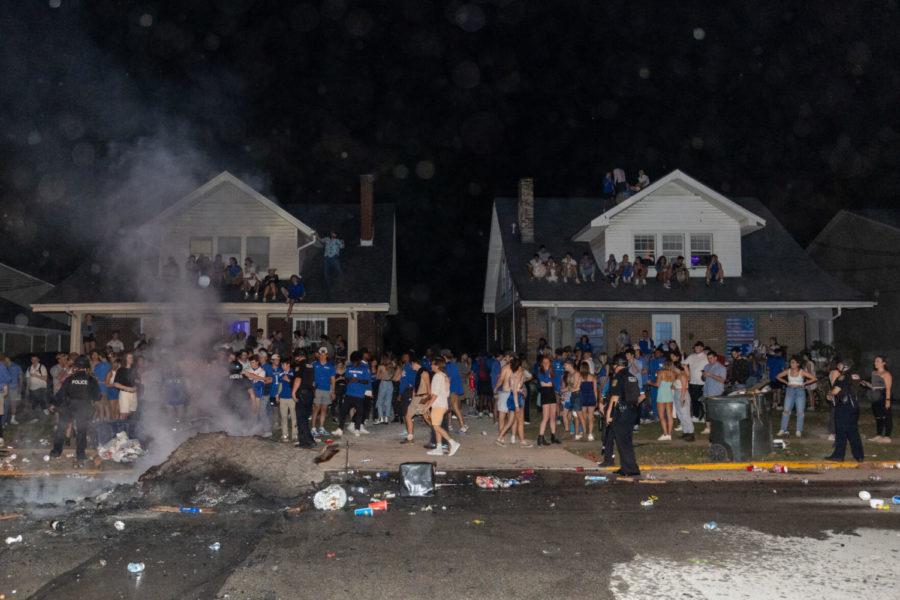Students gather on University Avenue during a student celebration after Kentucky football defeated No. 10 Florida on Saturday, Oct. 2, 2021, in Lexington, Kentucky. Photo by Jack Weaver | Staff
