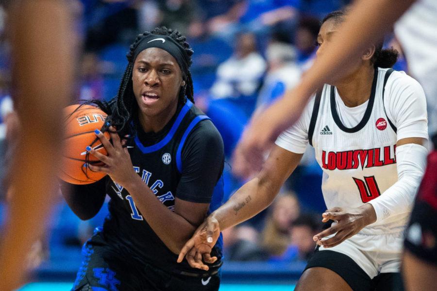 Kentucky sophomore guard Rhyne Howard drives into the lane during the Kentucky vs University of Louisville women’s basketball game on Sunday, Dec. 15, 2019, at Rupp Arena in Lexington, Kentucky. UK lost 67-66. Photo by Michael Clubb | Staff