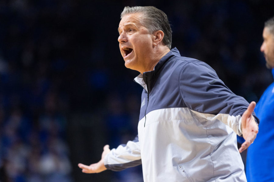Kentucky Wildcats head coach John Calipari yells at an official during the UK vs. Miles College men’s basketball game on Friday, Nov. 5, 2021, at Rupp Arena in Lexington, Kentucky. Kentucky won 80-71. Photo by Michael Clubb | Staff