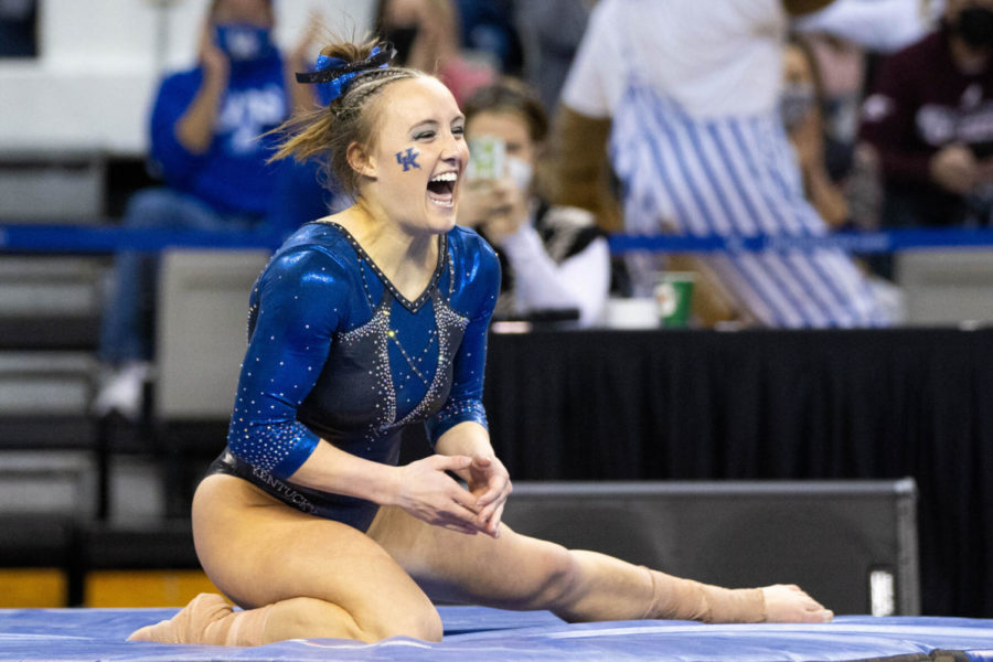 Raena Worley screams after her floor routine during the UK vs. Missouri gymnastics meet on Saturday, Jan. 29, 2022, at Memorial Coliseum in Lexington, Kentucky. Photo by Michael Clubb | Staff