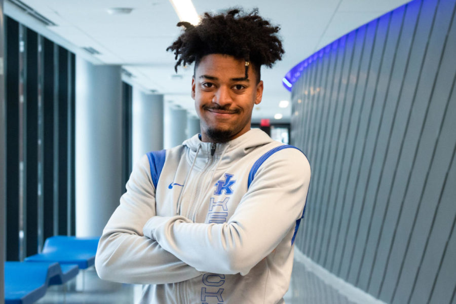 James Croom, a senior interning for the UK Athletics Marketing Department, poses for a portrait at the Gatton Student Center on Monday Jan. 17, 2022, at the University of Kentucky in Lexington, Kentucky. Photo by Maria Rauh | Staff