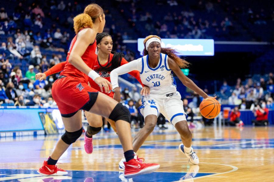 Kentucky guard Rhyne Howard (10) dribbles into pressure during the UK vs. Ole Miss womens basketball game on Sunday, Jan. 23, 2022, at Rupp Arena in Lexington, Kentucky. UK won 63-54. Photo by Jack Weaver | Staff