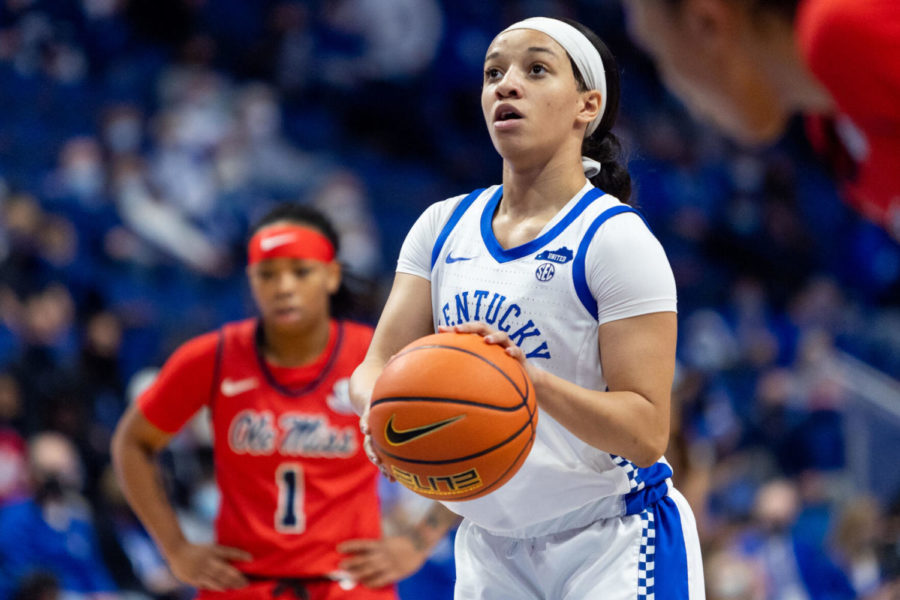 Kentucky guard Jada Walker (11) shoots a free throw during the UK vs. Ole Miss womens basketball game on Sunday, Jan. 23, 2022, at Rupp Arena in Lexington, Kentucky. UK won 63-54. Photo by Jack Weaver | Staff