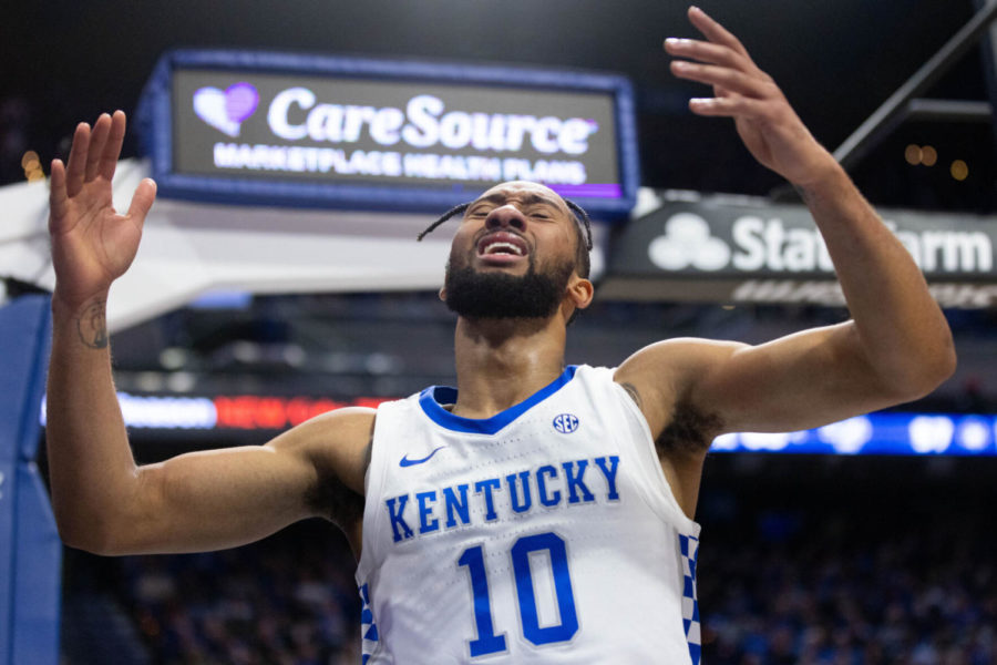 Kentucky Wildcats guard Davion Mintz (10) complains about a foul call during the UK vs. Ohio University men’s basketball game on Friday, Nov. 19, 2021, at Rupp Arena in Lexington, Kentucky. UK won 77-59. Photo by Michael Clubb | Staff