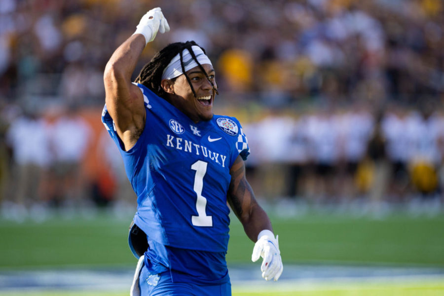 Kentucky+Wildcats+wide+receiver+WanDale+Robinson+%281%29+hypes+up+the+fans+during+the+UK+vs+Iowa+VRBO+Citrus+Bowl+football+game+on+Saturday%2C+Jan.+1%2C+2022%2C+at+Camping+World+Stadium+in+Orlando%2C+Florida.+UK+won+20-17.+Photo+by+Michael+Clubb+%7C+Staff