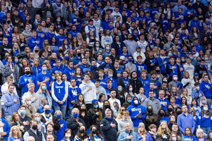 Kentucky+fans+stand+for+the+playing+of+the+national+anthem+during+the+UK+vs.+Mississippi+State+basketball+game+on+Tuesday%2C+Jan.+25%2C+2022%2C+at+Rupp+Arena+in+Lexington%2C+Kentucky.+UK+won+82-74.+Photo+by+Jack+Weaver+%7C+Staff
