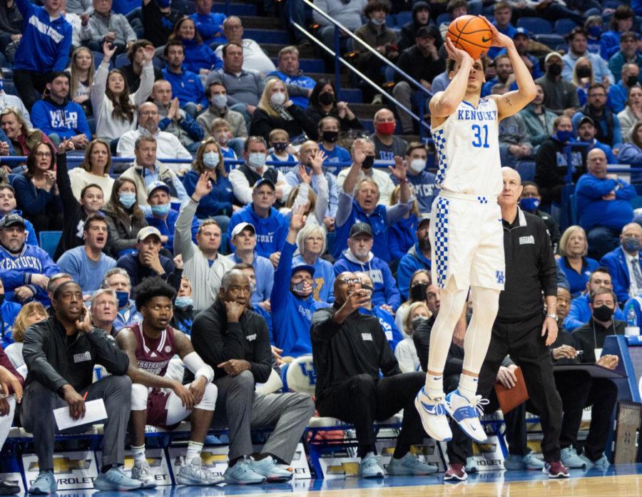 Kentucky Wildcats guard Kellan Grady (31) shoots a 3-point shot during the UK vs. Mississippi State basketball game on Tuesday, Jan. 25, 2022, at Rupp Arena in Lexington, Kentucky. UK won 82-74. Photo by Jack Weaver | Staff