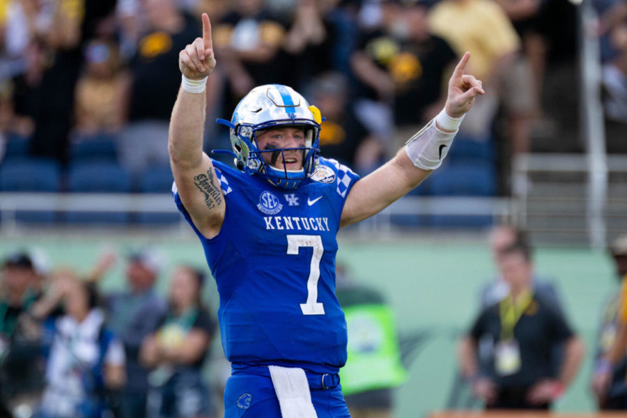 Kentucky Wildcats quarterback Will Levis (7) celebrates a game winning interception being confirmed during the UK vs Iowa VRBO Citrus Bowl football game on Saturday, Jan. 1, 2022, at Camping World Stadium in Orlando, Florida. UK won 20-17. Photo by Michael Clubb | Staff