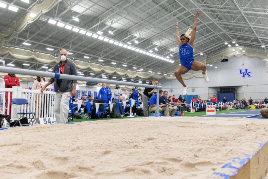 A University of Kentucky track and field athlete competing in long jump during the Jim Green Invitational at the Nutter Field House on Saturday, January 12, 2019, in Lexington, Kentucky. Photo by Michael Clubb | Staff