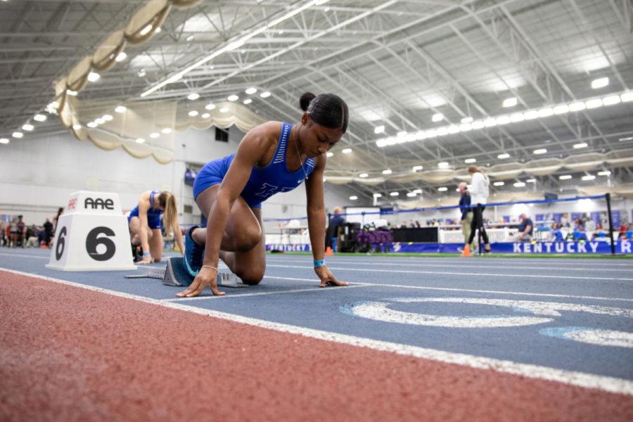 A University of Kentucky track and field athlete getting ready for a race during the Jim Green Invitational at the Nutter Field House on Saturday, January 12, 2019, in Lexington, Kentucky. Photo by Michael Clubb | Staff