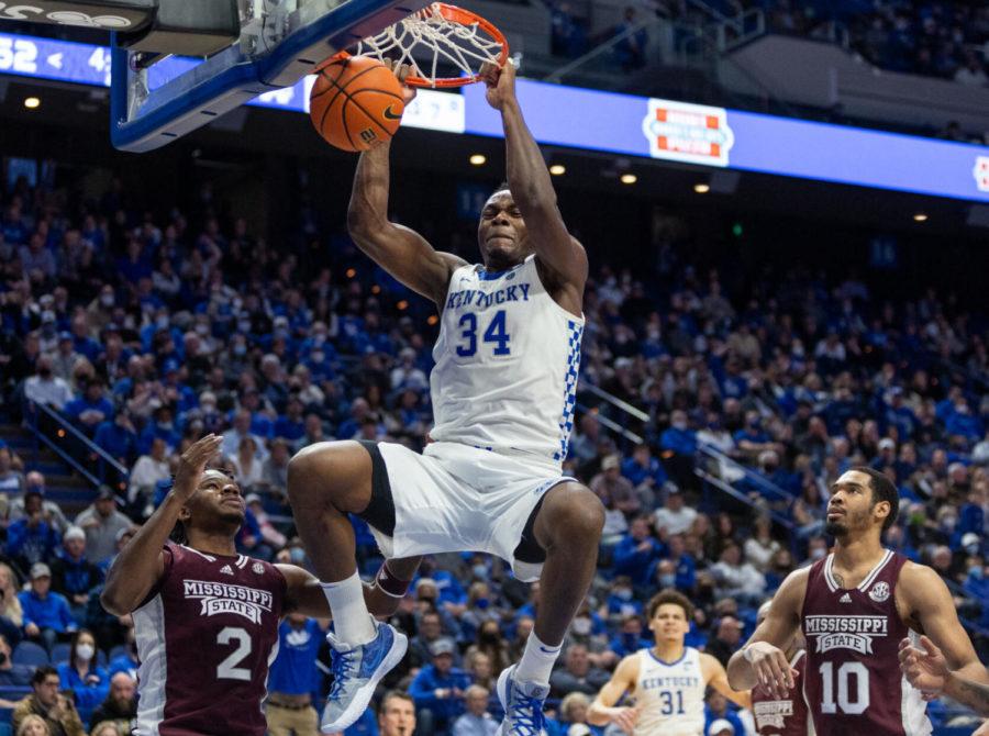 Kentucky+Wildcats+forward+Oscar+Tshiebwe+%2834%29+dunks+the+ball+during+the+UK+vs.+Mississippi+State+basketball+game+on+Tuesday%2C+Jan.+25%2C+2022%2C+at+Rupp+Arena+in+Lexington%2C+Kentucky.+UK+won+82-74.+Photo+by+Jack+Weaver+%7C+Staff