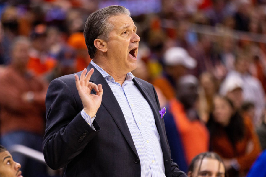 Kentucky Wildcats head coach John Calipari coaches from the sidelines during the Kentucky vs. Auburn men’s basketball game on Saturday, Jan. 22, 2022, at Auburn Arena in Auburn, Alabama. UK lost 80-71. Photo by Michael Clubb | Staff