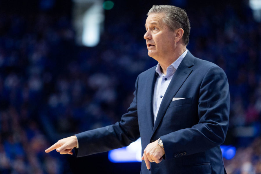 Kentucky Wildcats head coach John Calipari coaches his team from the sideline during the UK vs. Tennessee basketball game on Saturday, Jan. 15, 2022, at Rupp Arena in Lexington, Kentucky. UK won 107-79. Photo by Jack Weaver | Staff