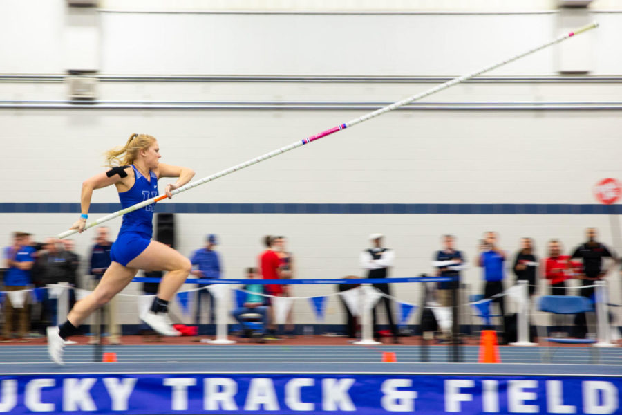 A Kentucky track and field athlete competes in the pole vault competition during the Jim Green Invitational meet on Saturday, Jan. 12, 2019 in Lexington, Kentucky. Photo by Jordan Prather | Staff
