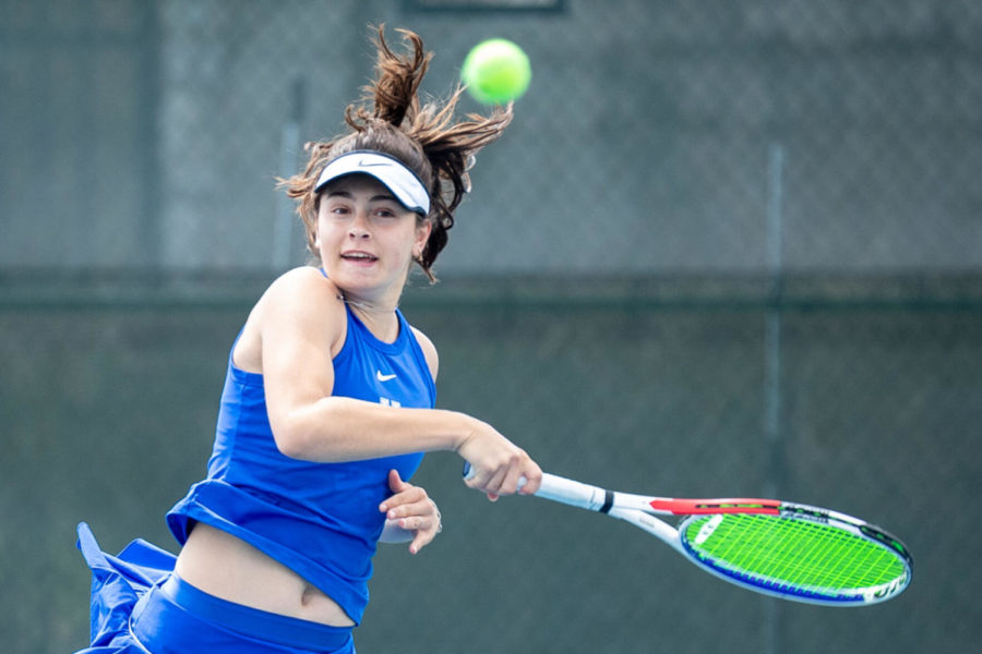 Fiona Arrese hits the ball during the University of Kentucky vs. Tennessee women’s tennis match on Sunday, March 28, 2021, at Hillary J. Boone Tennis Center in Lexington, Kentucky. Photo by Michael Clubb | Staff