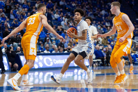 Kentucky Wildcats guard Dontaie Allen (11) dribbles into the lane during the UK vs. Tennessee basketball game on Saturday, Jan. 15, 2022, at Rupp Arena in Lexington, Kentucky. UK won 107-79. Photo by Jack Weaver | Staff