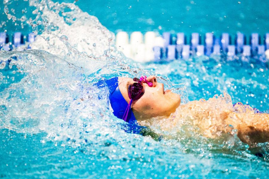 Kentucky sophomore Parker Herren competes in the womens 100 yard backstroke during the meet against the University of Cincinnati on Friday, Jan. 31, 2020, at the Lancaster Aquatic Center in Lexington, Kentucky. Photo by Jordan Prather | Staff