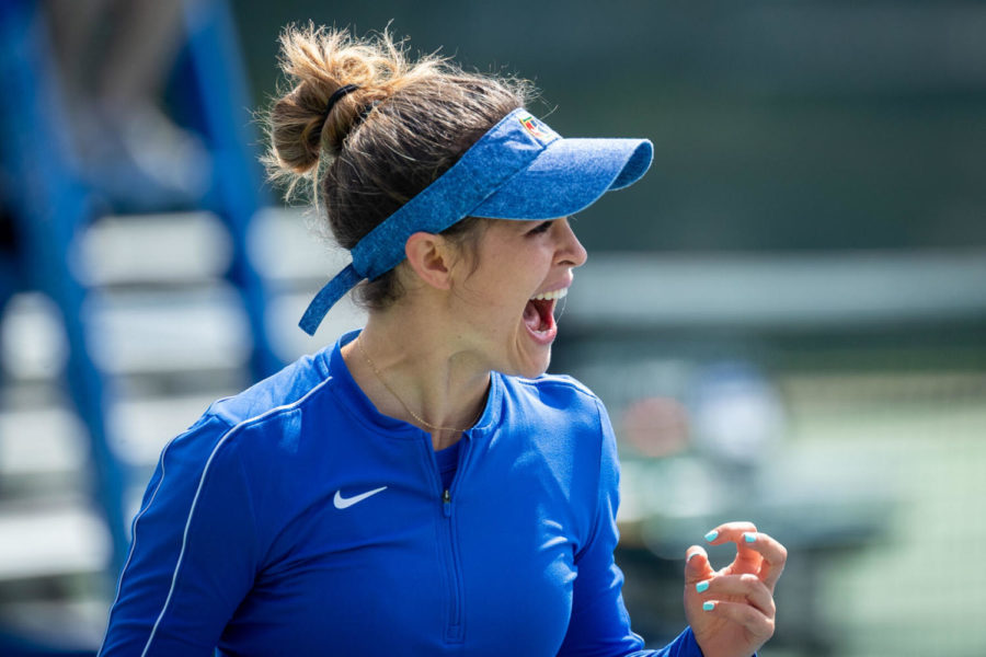 Carla Girbau celebrates winning a point during the University of Kentucky vs. Tennessee women’s tennis match on Sunday, March 28, 2021, at Hillary J. Boone Tennis Center in Lexington, Kentucky. Photo by Michael Clubb | Staff