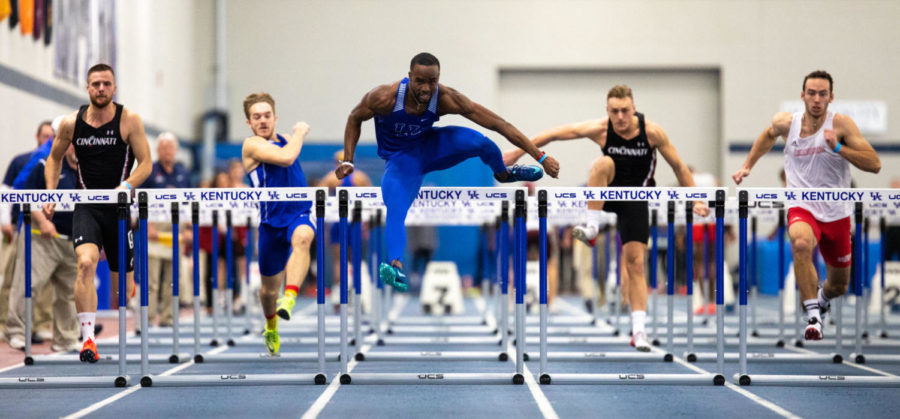 A Kentucky track and field athlete leads the pack in the 60 meter hurdles event during the Jim Green Invitational meet on Saturday, Jan. 12, 2019 in Lexington, Kentucky. Photo by Jordan Prather | Staff