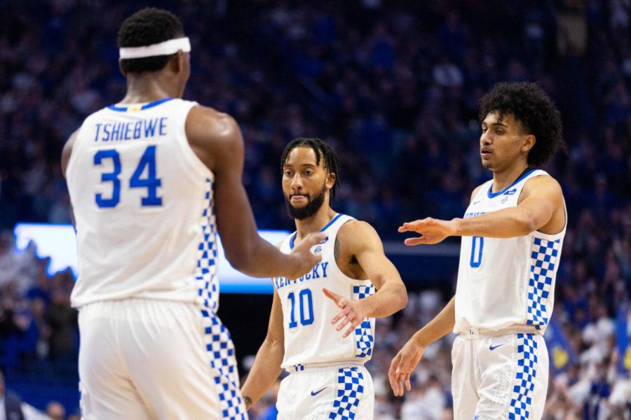 Kentucky+Wildcats+forward+Jacob+Toppin+%280%29+and+guard+Davion+Mintz+%2810%29+high+five+forward+Oscar+Tshiebwe+%2834%29+during+the+UK+vs.+Louisiana+State+University+mens+basketball+game+on+Wednesday%2C+Feb.+23%2C+2022%2C+at+Rupp+Arena+in+Lexington%2C+Kentucky.+UK+won+71-66.+Photo+by+Michael+Clubb+%7C+Staff
