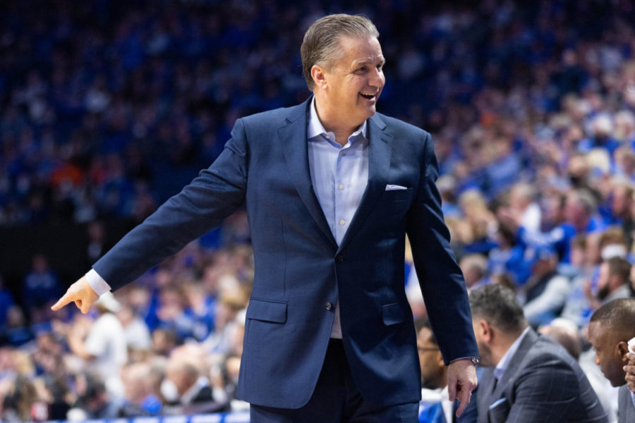 Kentucky Wildcats head coach John Calipari reacts to forward Lance Ware getting a jump ball call during the UK vs. Florida mens basketball game on Saturday, Feb. 12, 2022, at Rupp Arena in Lexington, Kentucky. UK won 78-57. Photo by Michael Clubb | Staff