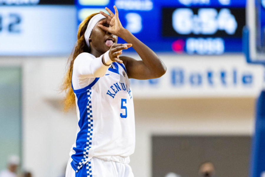 Kentucky Wildcats guard Rhyne Howard (5) celebrates after making a 3-pointer during the UK vs. Auburn womens basketball game on Sunday, Feb. 27, 2022, at Memorial Coliseum in Lexington, Kentucky. UK won 90-62. Photo by Michael Clubb | Staff