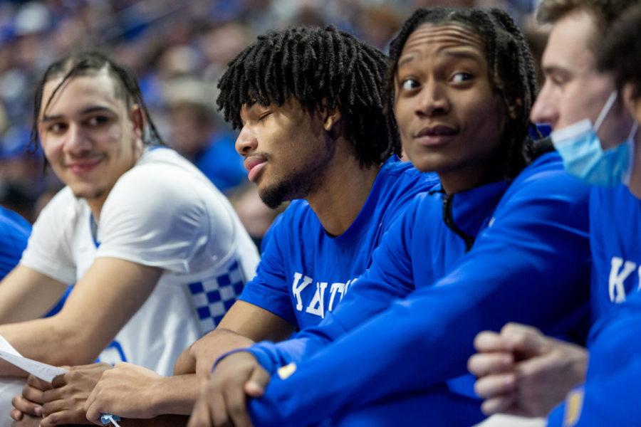 Kentucky Wildcats guard Shaedon Sharpe (21) rolls his eyes to chants of “We want Shaedon” during the UK vs. Mississippi State basketball game on Tuesday, Jan. 25, 2022, at Rupp Arena in Lexington, Kentucky. UK won 82-74. Photo by Jack Weaver | Staff
