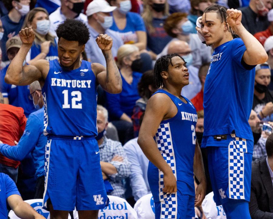 Players+on+the+Kentucky+bench+celebrate+during+the+UK+vs.+Kansas+basketball+game+on+Saturday%2C+Jan.+29%2C+2022%2C+at+Allen+Fieldhouse+in+Lawrence%2C+Kansas.+UK+won+80-62.+Photo+by+Jack+Weaver+%7C+Staff