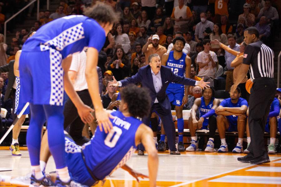 Kentucky Wildcats head coach John Calipari reacts after a non-call during the UK vs. Tennessee mens basketball game on Tuesday, Feb. 15, 2022, at Thompson-Boling Arena in Knoxville, Tennessee. UK lost 76-63. Photo by Michael Clubb | Staff