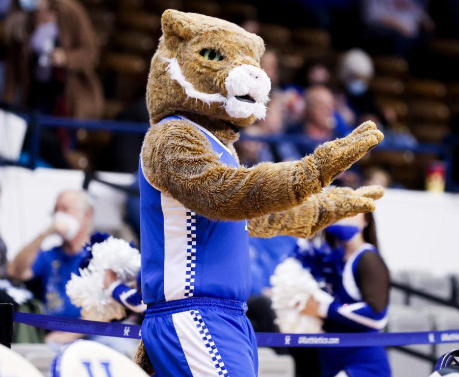 The+Wildcat+cheers+on+the+team+before+the+UK+vs.+Vanderbilt+womens+basketball+game+on+Thursday%2C+Feb.+17%2C+2022%2C+at+Memorial+Coliseum+in+Lexington%2C+Kentucky.+UK+won+69-65.+Photo+by+Isabel+McSwain+%7C+Staff