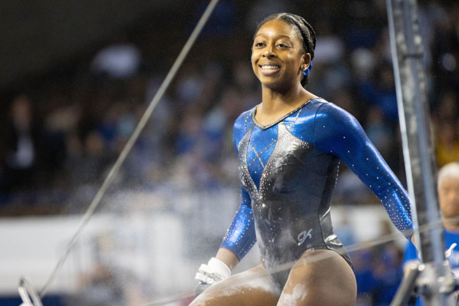 Cally Nixon celebrates after performing on bars during the UK vs. Missouri gymnastics meet on Saturday, Jan. 29, 2022, at Memorial Coliseum in Lexington, Kentucky. Photo by Michael Clubb | Staff