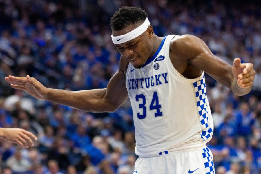 Kentucky Wildcats forward Oscar Tshiebwe (34) reacts after missing a dunk during the UK vs. Louisiana State University mens basketball game on Wednesday, Feb. 23, 2022, at Rupp Arena in Lexington, Kentucky. UK won 71-66. Photo by Michael Clubb | Staff