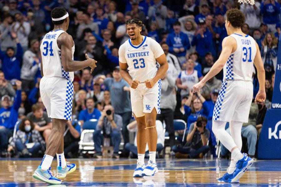 Kentucky+Wildcats+forward+Bryce+Hopkins+%2823%29+celebrates+after+giving+his+team+the+lead+during+the+UK+vs.+Louisiana+State+University+mens+basketball+game+on+Wednesday%2C+Feb.+23%2C+2022%2C+at+Rupp+Arena+in+Lexington%2C+Kentucky.+UK+won+71-66.+Photo+by+Michael+Clubb+%7C+Staff