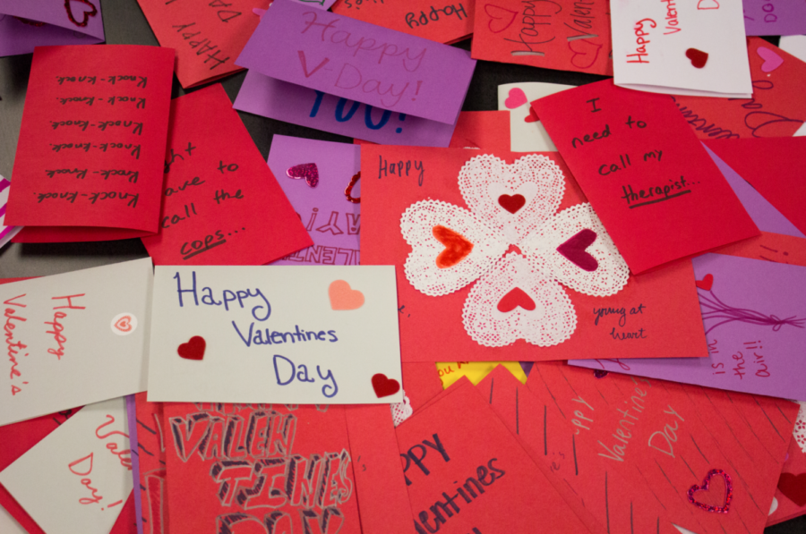 A stack of Valentines Day cards made by UK students.