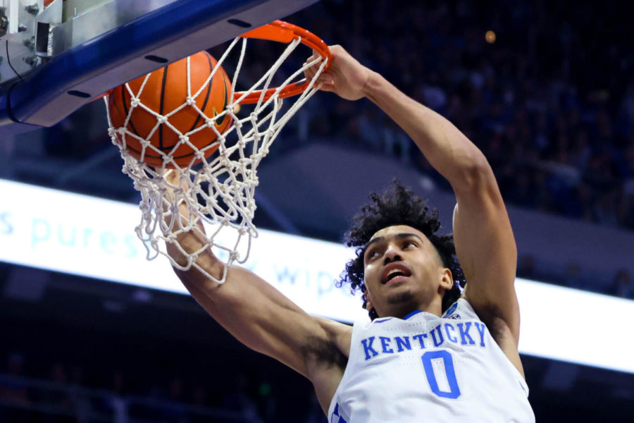 Kentucky Wildcats forward Jacob Toppin (0) dunks the ball during the UK vs. Alabama mens basketball game on Saturday, Feb. 19, 2022, at Rupp Arena in Lexington, Kentucky. UK won 90-81. Photo by Michael Clubb | Staff