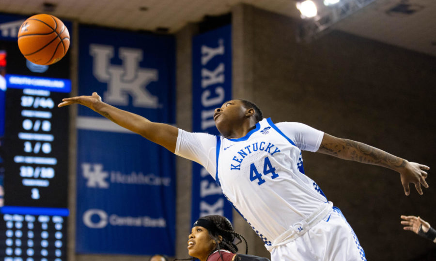 Kentucky Wildcats forward Dreuna Edwards (44) reaches for a rebound during the UK vs. South Carolina womens basketball on Thursday, Feb. 10, 2022, at Memorial Coliseum in Lexington, Kentucky. UK lost 59-50. Photo by Michael Clubb | Staff