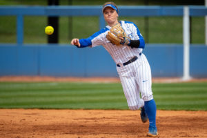 Kentucky Wildcat Erin Coffel (21) throws the ball towards home during the University of Kentucky vs. Alabama softball game on Saturday, March 27, 2021, at John Cropp Stadium in Lexington, Kentucky. UK lost 11-6. Photo by Michael Clubb | Staff